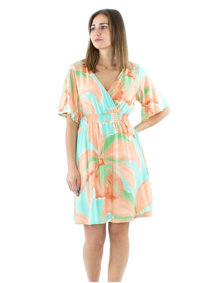 Robe viscose manches courtes taille élastiquée imprimé Orchidee