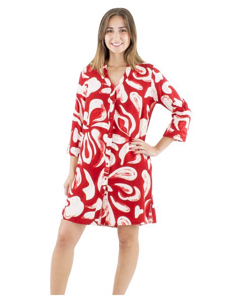 Robe viscose boutonnée imprimé Rumba manches 3/4 retroussables