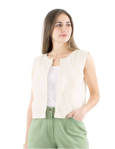 Gilet coton blanc brodé main sans manches