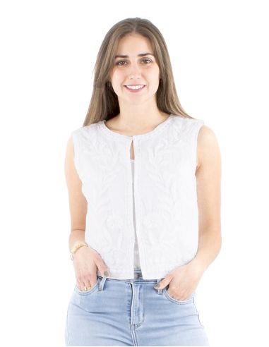 Gilet coton blanc brodé main sans manches
