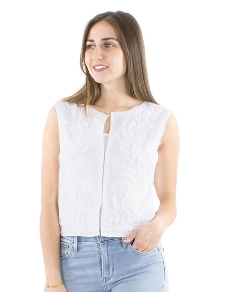 Gilet coton blanc brodé main sans manches