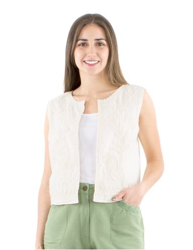 Gilet coton blanc brodé main sans manches