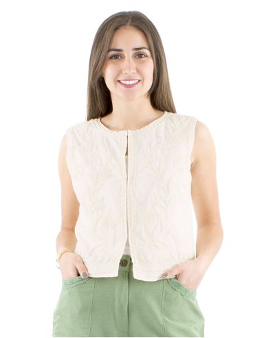 Gilet coton blanc brodé main sans manches
