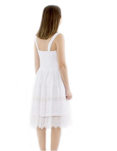 Robe bretelles coton blanc brodé doublée
