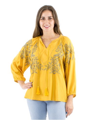 Chemisier viscose brodé main manches 3/4