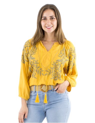 Chemisier viscose brodé main manches 3/4