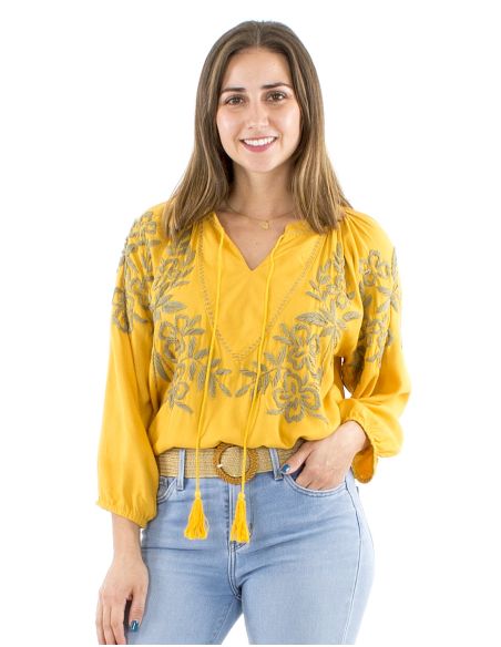 Chemisier viscose brodé main manches 3/4