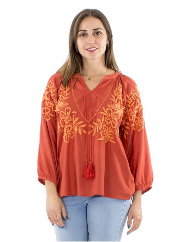 Chemisier viscose brodé main manches 3/4