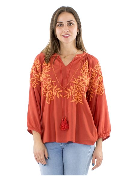 Chemisier viscose brodé main manches 3/4