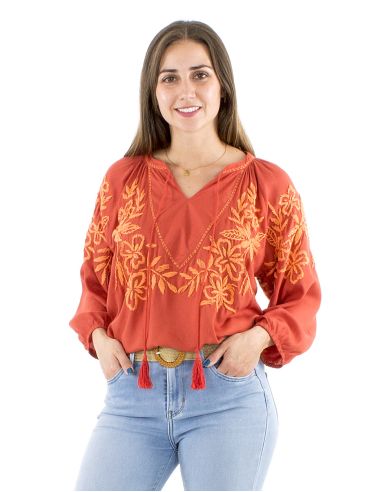 Chemisier viscose brodé main manches 3/4