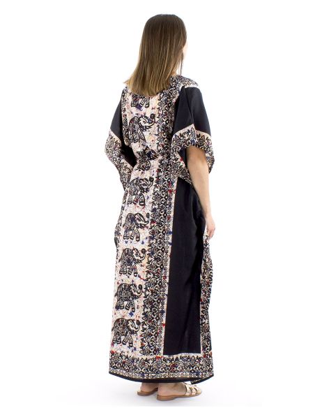 Robe kaftan polyester 132cm imprimé éléphant