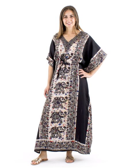 Robe kaftan polyester 132cm imprimé éléphant
