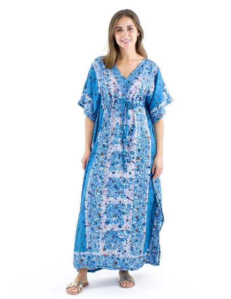 Robe kaftan polyester 132cm imprimé éléphant