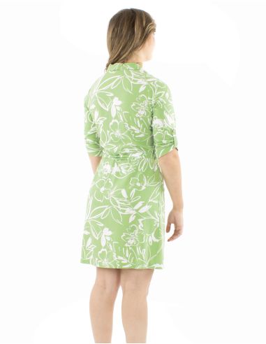Robe 70% viscose 30% lin boutonnée manches 3/4 retroussables imprimé fleurs