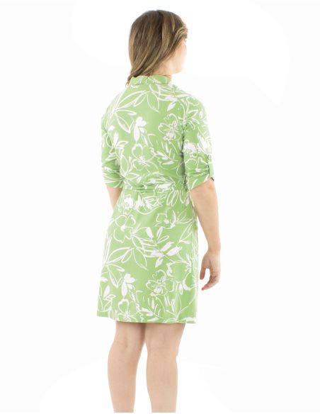 Robe 70% viscose 30% lin boutonnée manches 3/4 retroussables imprimé fleurs