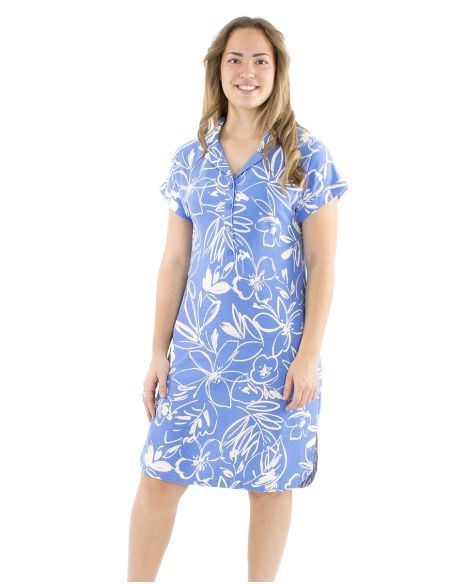 Robe 70% viscose 30% lin boutonnée manches courtes imprimé fleurs