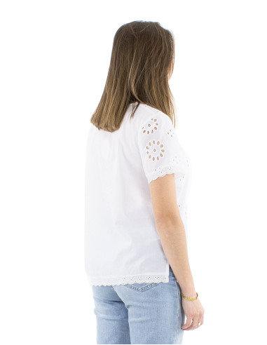 Chemisier coton blanc brodé manches courtes col V