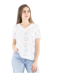 Chemisier coton blanc brodé manches courtes col V 2