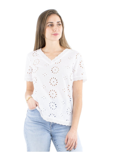 Chemisier coton blanc brodé manches courtes col V