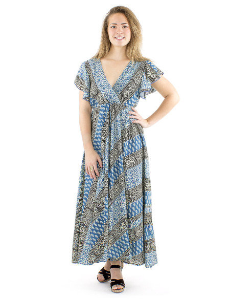 Robe coton block manches courtes biais cache-cœur imprimé 3009