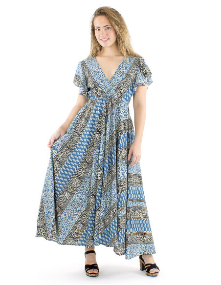 Robe coton block manches courtes biais cache-cœur imprimé 3009