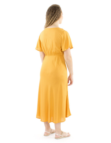 Robe viscose brodée main manches courtes unie