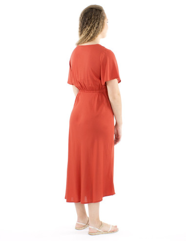 Robe viscose brodée manches courtes unie