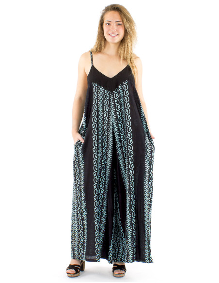 Salopette coton slub noire imprimé couleur