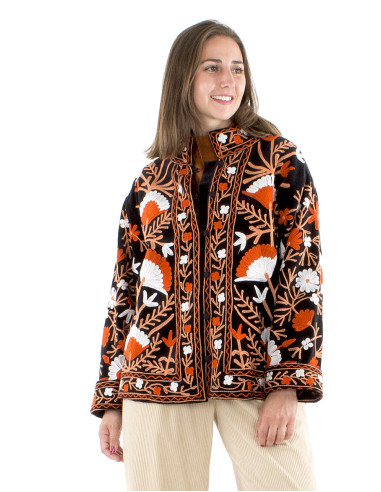 Veste coton velours ras broderie Suzani avec...