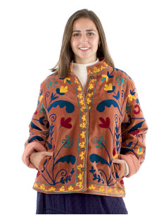 Veste coton velours ras brodé Suzani matelassée polyester