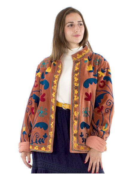 Veste coton velours ras brodé Suzani matelassée polyester