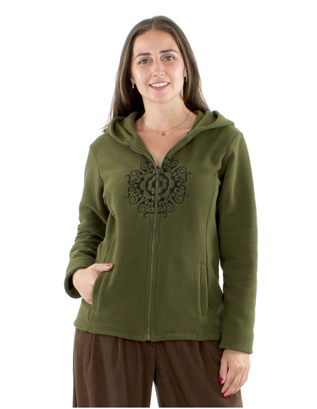 Veste maille polyester polaire capuche brodée Mandala