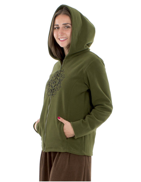 Veste maille polyester polaire capuche brodée Mandala