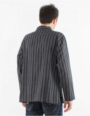Chemise kurta homme coton rayée boutons ronds...