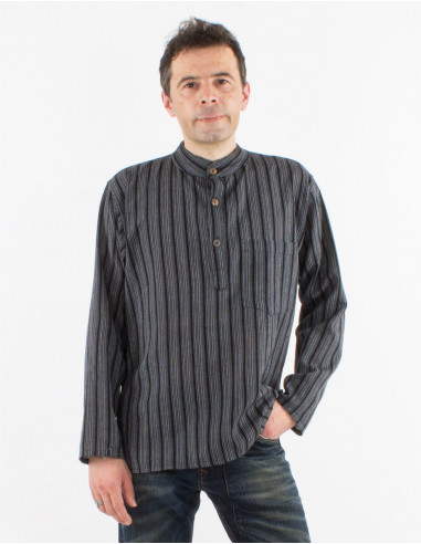 Chemise kurta homme coton rayée boutons ronds...