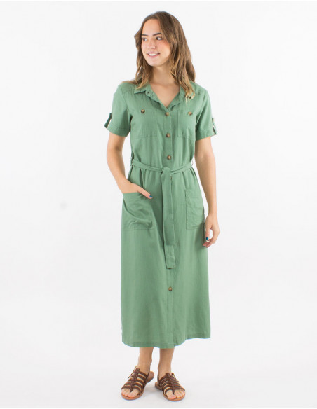 Robe longue 54% lin 46% viscose boutonnée manches courtes